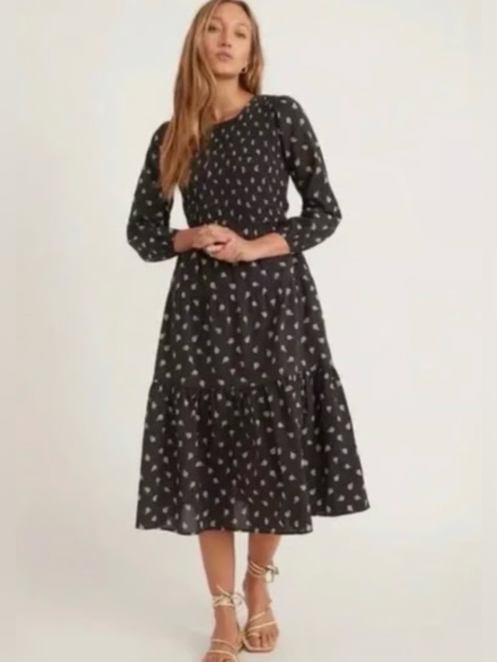 Marine Layer Camille Smocked Midi Dress  Black Modern Ditsy — XL